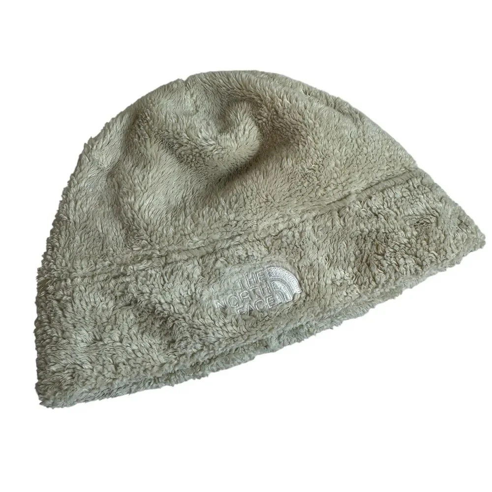 The North Face Beige Fleece One Size Beanie Hat For Child White embroidered logo